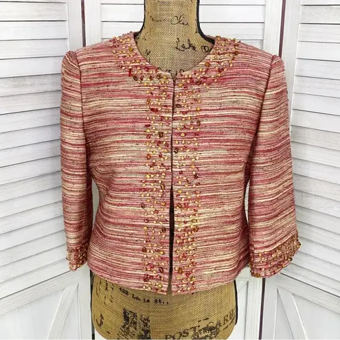 Victor Costa Tweed Bead Detail Crop Blazer Jacket Pink Red Cream 6