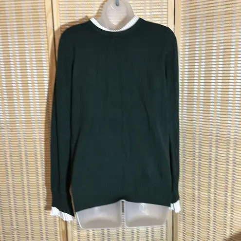 Vila Milano Dark Forest Green Sweater With White Faux Shirt Collar Cuffs Medium