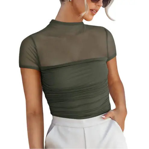 NWT REORIA Women’s Gray Green Sheer Mesh Ruched Bodysuit – XL