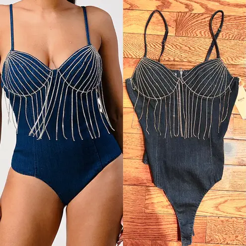 Blashe NWT VIRAL SEXY Blue Denim Fringe Rhinestone Jeweled Sleeveless Bodysuit M Size M