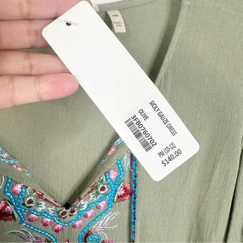 Soft Surroundings NEW PM 10-12 Sicily Guaze Boho Embroidered Maxi Dress in Olive