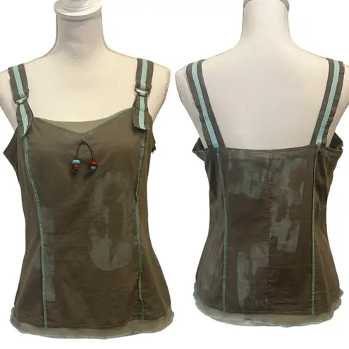 Khaki Cotton Beaded Strap Tank Top Turquoise Detail Boho Lagenlook Fairy Small Green