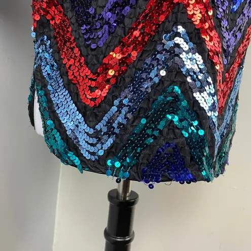 Vintage Rob Hill Colorful Chevron Sequin Batwing Blouse Disco Glam NYE Small Black