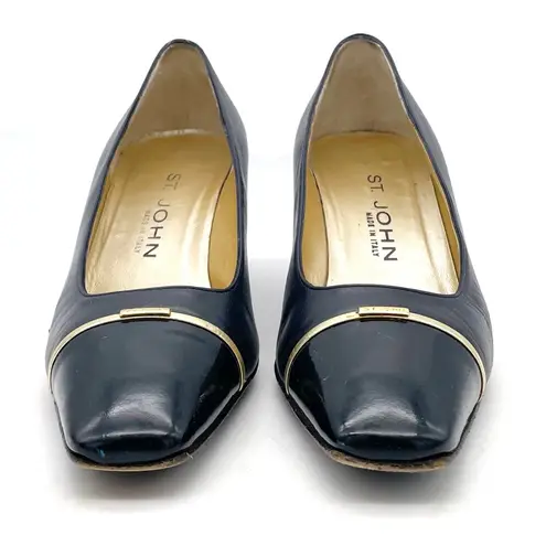 St. John Navy Leather Pumps Size 7 Gold Trim Cap Toe Classic Mid Heel Italy VTG