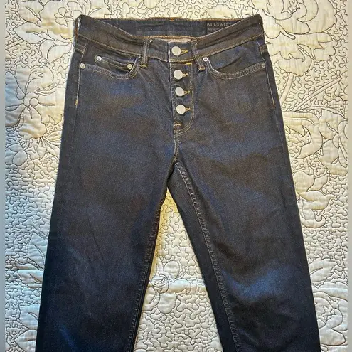 ALL SAINTS Mast Exposed Button Fly Skinny Ankle Dark Blue Stretch Jeans Sz 25