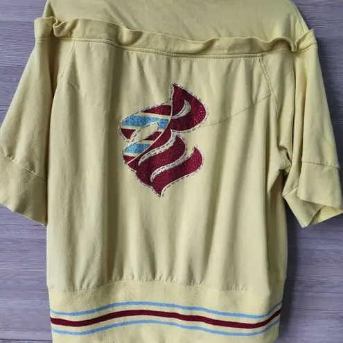 Rocawear Sweatshirt Vintage 90s Women 2X Plus Sequin Yellow Hood Zip 3/4 Sleeve