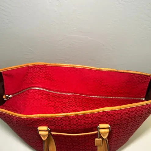 Coach Vintage  3602 Red Signature Jacquard Tote‎ Bag Leather Trim Y2K Large