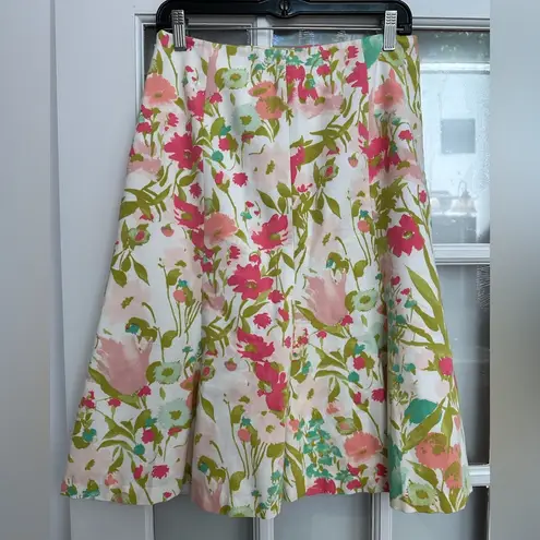Kate Hill Pink & Green Floral Garden Cotton A-Line Flare Midi Skirt Size 4 S