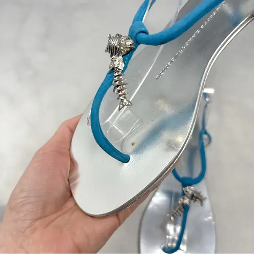 Giuseppe Zanotti NEW Iconic Fishbone Charm Leather Flat Sandals Silver Blue 38