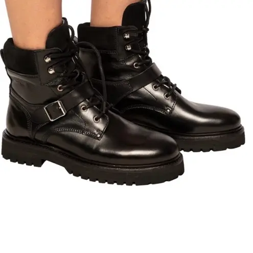 ALLSAINTS Paulina Black Leather Combat Boots Lug Sole
