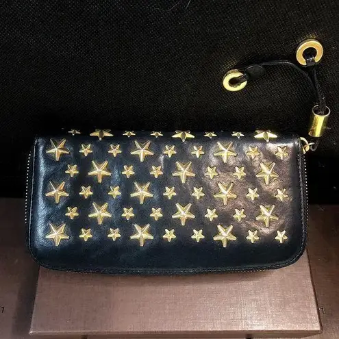 Jimmy Choo Navy Blue Lambskin and Gold Stars Continental Zip Wallet