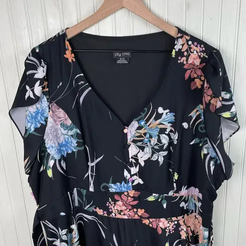 City Chic Flourished Floral Dress Size XL 22 Fit & Flare Black V-Neck Botanical