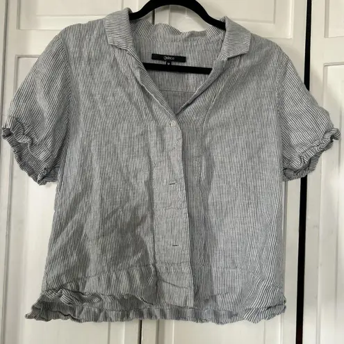 Quince Top Womens Medium Blue White Stripe Linen Coastal Beachy Minimalist M