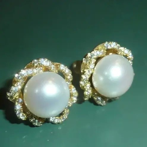 Freshwater Cultured Pearl Earrings, 18K Yellow Gold Plated, Lustrous, New in Box