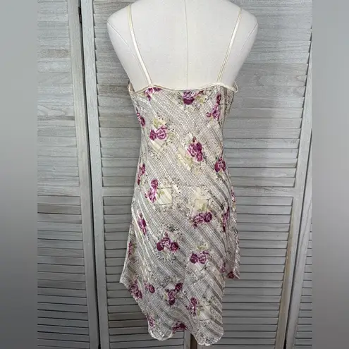 KATHRYN Vintage 90's Semi Sheer Stripe/Floral Satin Chemise/Slip Beige/Multi