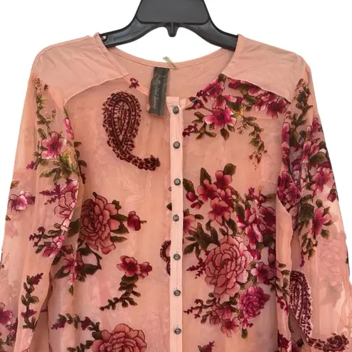 Aratta Silent Journey Velvet Burnout Floral Button Up Shirt Tunic XS Artsy Boho Pink