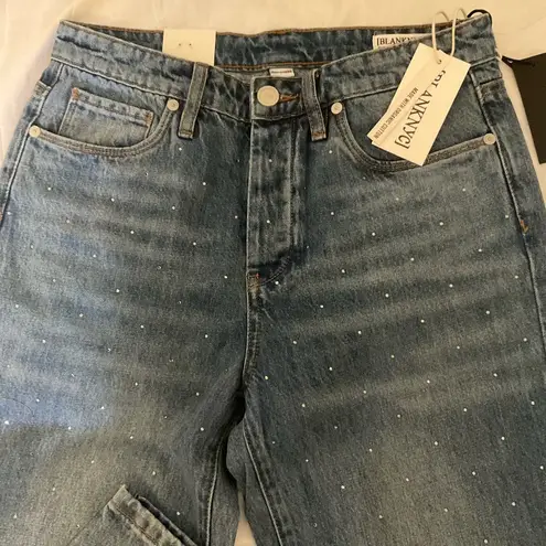 BLANKNYC The Madison crop Rhinestone Front Blue Denim Jeans Womens SIZE 26