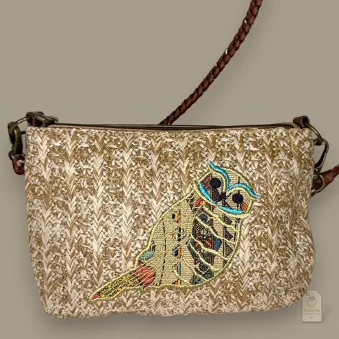 Sakroots Owl Embroidered Straw Crossbody Bag Brown Woven Boho Purse