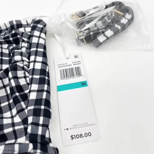 Anne cole Bandeau Shirred Keyhole One Piece Swimsuit Black White Gingham 16 NEW