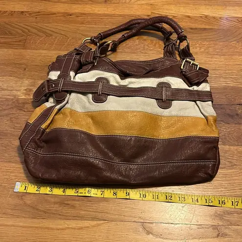Boho Colorblock Brown Yellow White Faux Leather Pleather Shoulder Bag Purse