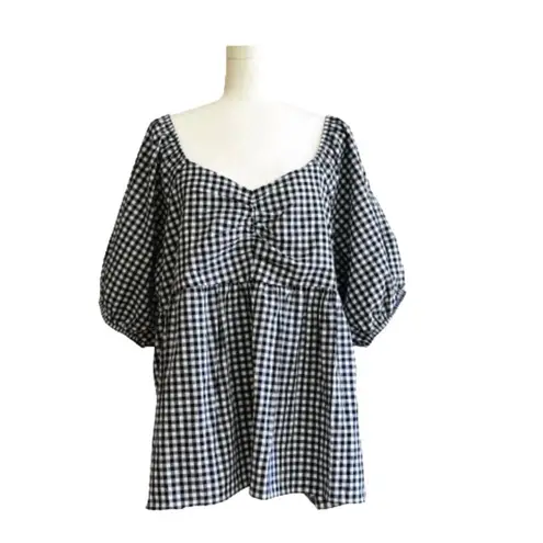 Terra & Sky Top Navy White Gingham Cotton Smocked Short Puff Sleeve Plus 1X NEW