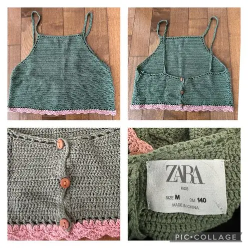 ZARA  crochet crop top in green with pink trim size medium