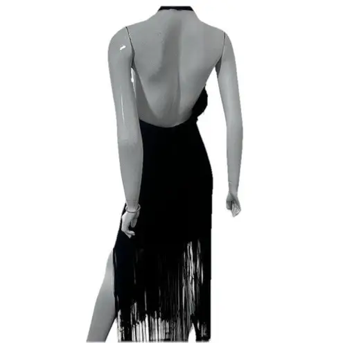 Vintage 80s Climax for David Howard Karen Okada Black Halter Fringe Gown 16 EUC Size undefined