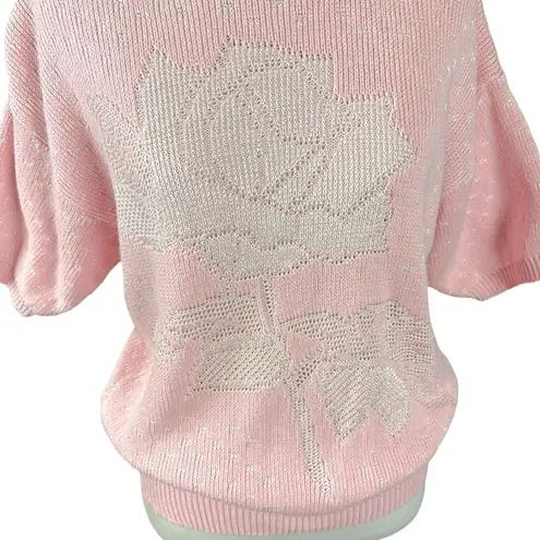 Vintage 60s 70s Isle of Cotton Cottage Pink Rose Sweater Large Coquette Girly