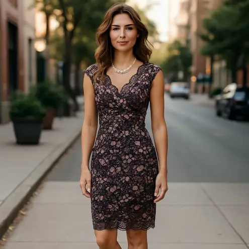 Tahari Lace V Neck Sheath Dress Black & Pink Rose Gold 2 XS