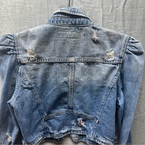 BLANK NYC  Distressed Puff Shoulder Cropped Denim Jean Jacket Size S Buttons
