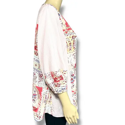 Flamingo Womens Peasant Top Blouse Shirt Stripes Paisley Floral V Neck Pink Med