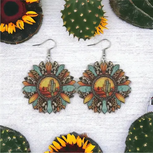 Sunflower shaped pendant drop‎ leopard pattern wooden hook earrings