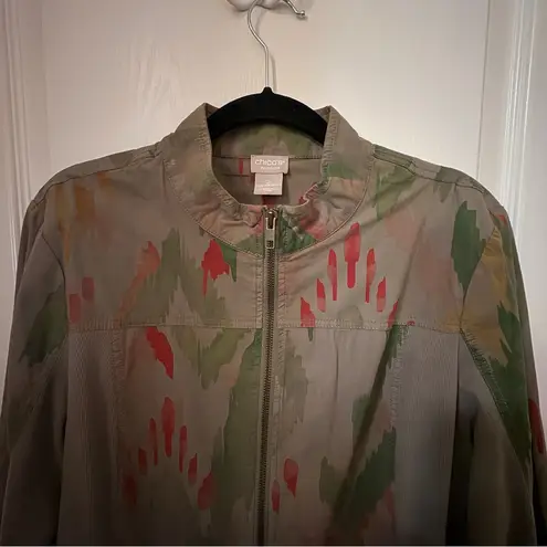 Chico's  Green and Red Utility Jacket with Artistic Design size 12 chico sz 2