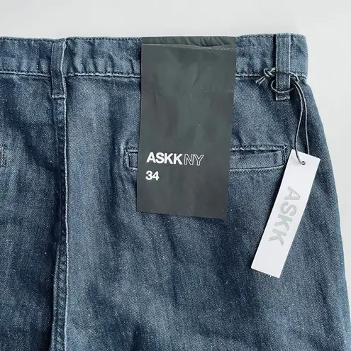Askk NY Denim Trouser Wide Leg Indigo Linen Cotton Blue Size 34 NEW
