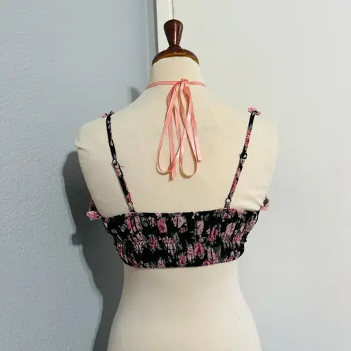 Cider Women Floral Black and Pink Spaguetti straps Cropped Tank Top Size S