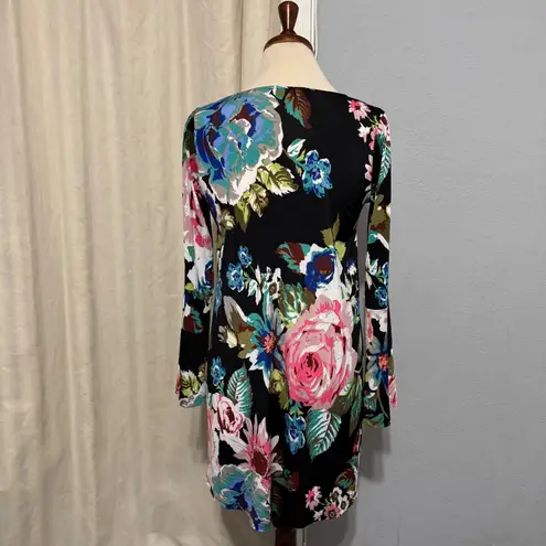 Veronica M Women Floral Print Long Flared Sleeve Stretchy Tunic Top Size XS Black