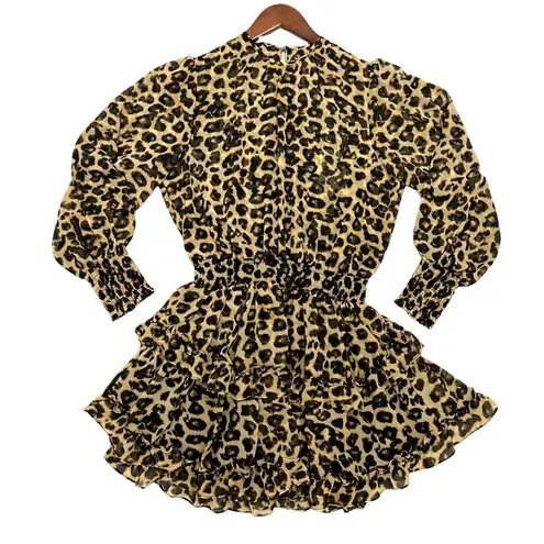 MISA Los Angeles Katia Leopard Print Ruffle Long Sleeve Mini Dress Size XS. NEW