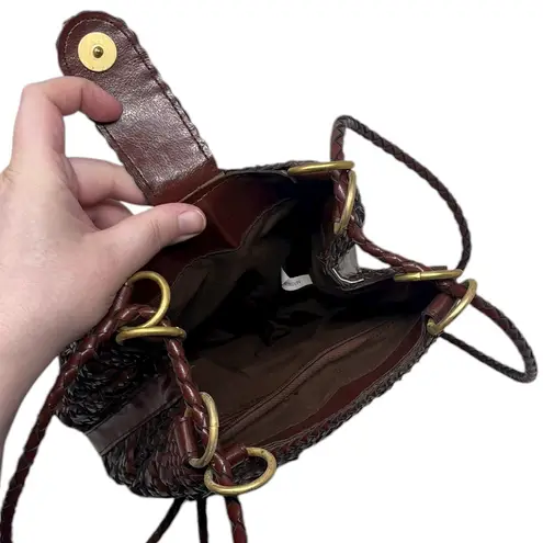 Vintage Boho Brown Faux Leather Bucket Bag Purse Handbag Brown Basket Weave