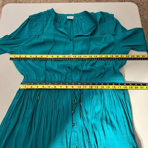 Chico's  2 Midi Dress 12 Teal Green Crinkle Pleated 3/4 Sleeve Button Up Tie Waist