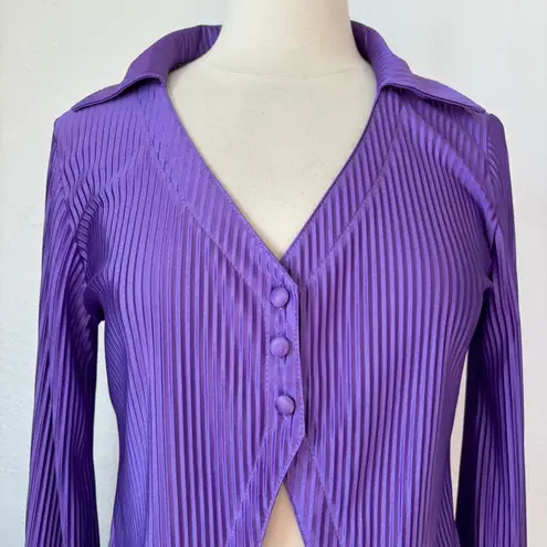 Lyaner Brand Retro Solid Purple Textured Cut Out Long Sleeve Collared Blouse