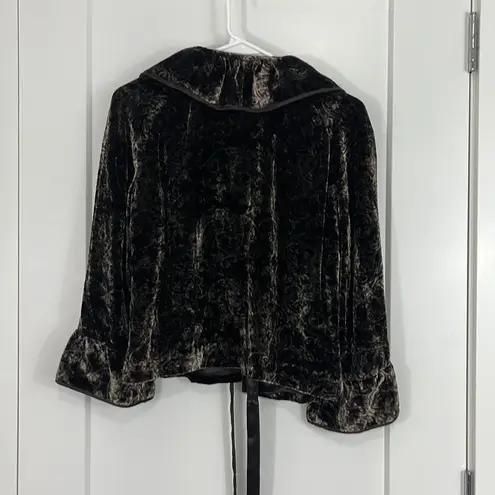 Tahari  Small Dark Brown Velvet Ruffle Bell Sleeve Silk Sweater Jacket Shrug