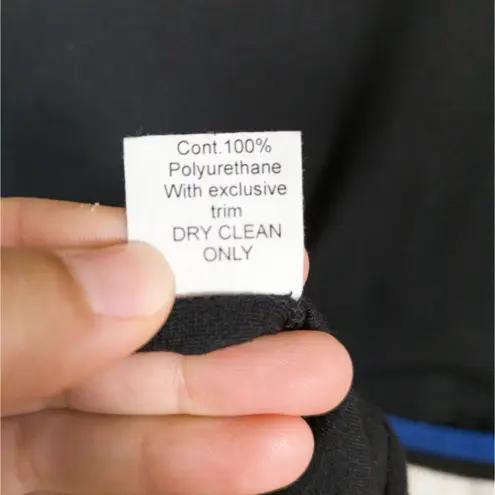 BAILEY 44 Black Jersey Knit Dress Contrast Faux Leather Blue Stripe Womens Small