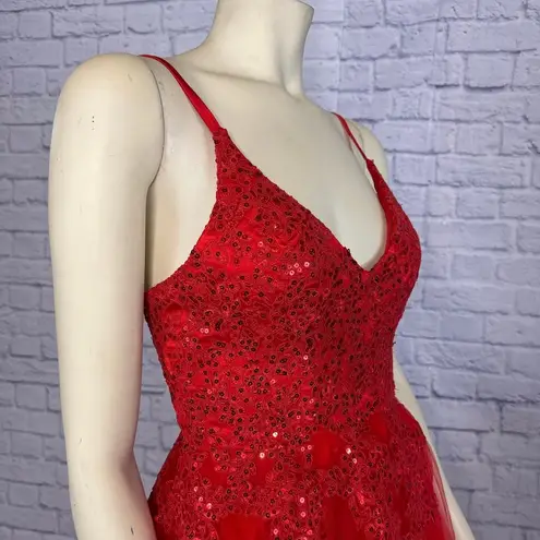 Handmade Red V Neck Spaghetti Straps Tulle Beaded Lace Long Evening Prom Dress size small