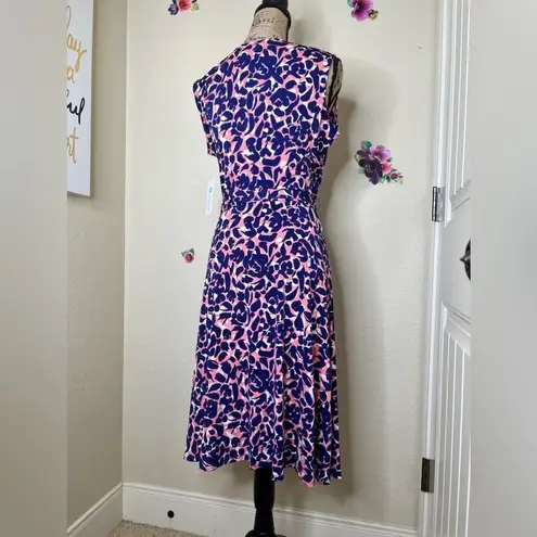 Leota Petals Finnley Faux Wrap Sleeveless Dress in Blue, White & Coral Size L