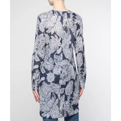Giorgio Armani Blue Floral Print Tunic Blouse Size 44 XL Long Sleeve Cotton