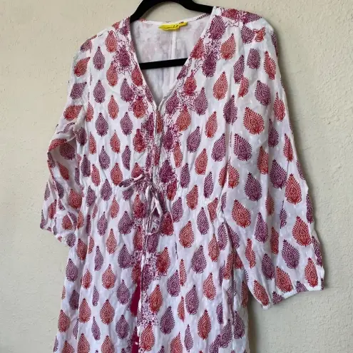 Roller Rabbit ‎ Cotton midi Dress in Floral Block Print tassels red white size S