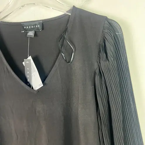 Premise NWT Sheer Pleated Sleeve V-Neck Top Black Size Small S NEW