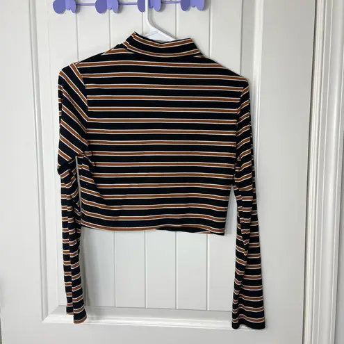 Women’s black brown striped mock neck ribbed stretch cropped long sleeve top M Size M