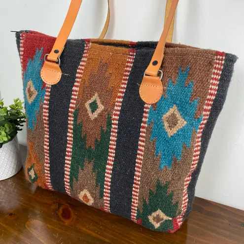 El Paso Saddle Blanket Co. Southwestern Maya Wool Leather Large Tote Bag Black