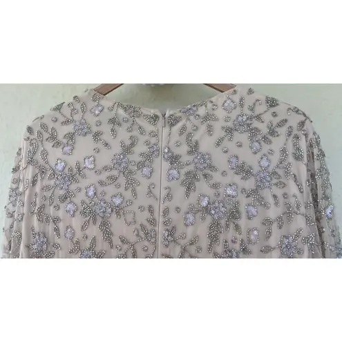 Mac Duggal 10812 Beaded Tea Length Dress Sheer Long Sleeves Womens Size 14 Party